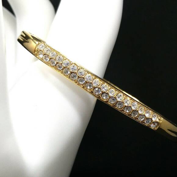 Vintage Swarovski Crystal Rhinestone Hinged Bangle Bracelet, Gold Plated, 1990s - Picture 2 of 10
